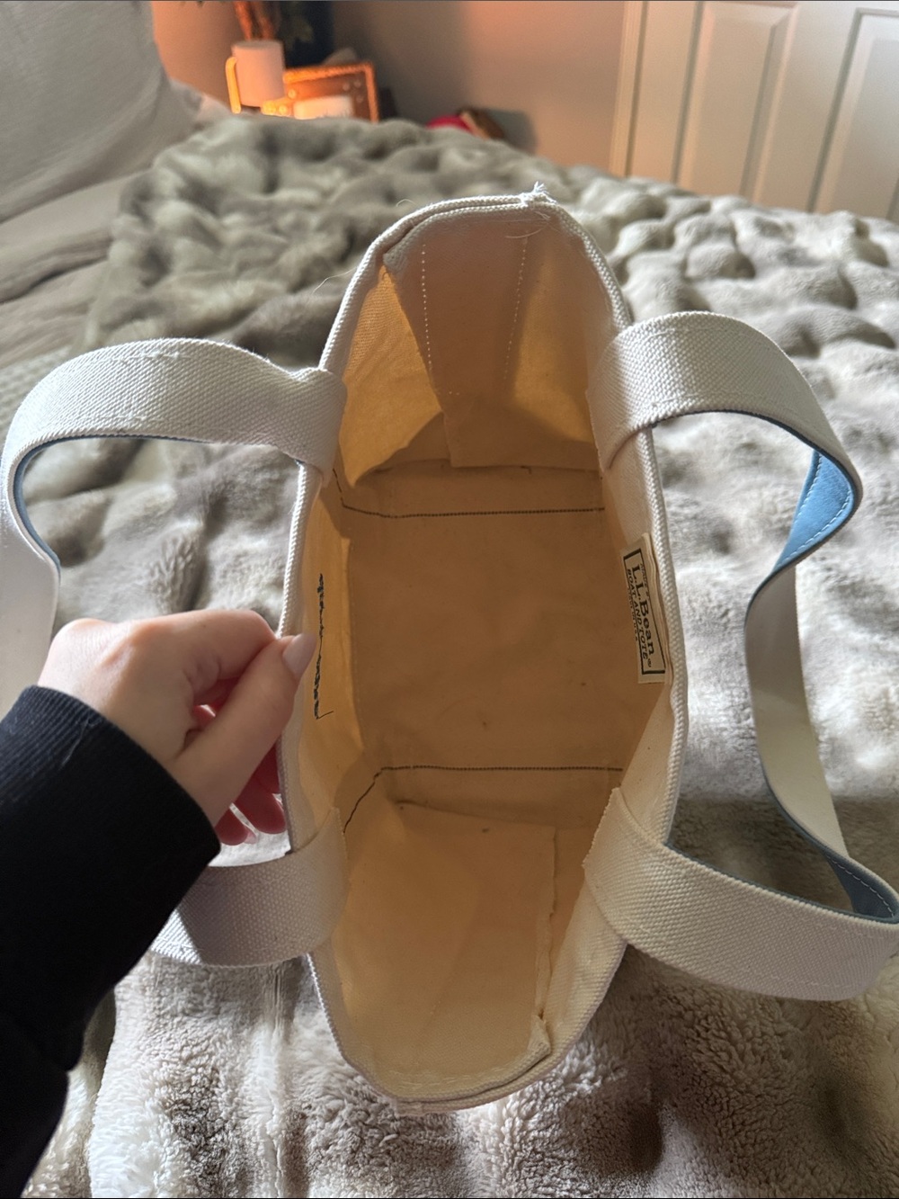L.L. Bean Tall Small Cream Canvas Tote with Blue Trim (Long handles) - Picture 4 of 5